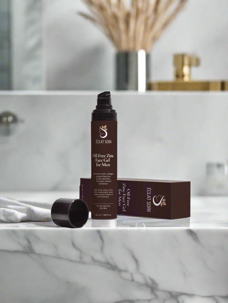 Eclat Soin Oil-Free Zinc Face Gel for Men in a bathroom setting with a sleek design
